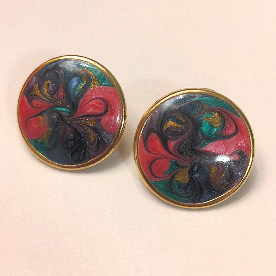 Retro 80s Paint Swirl Button Earrings Pink Purple New Wave Pierced